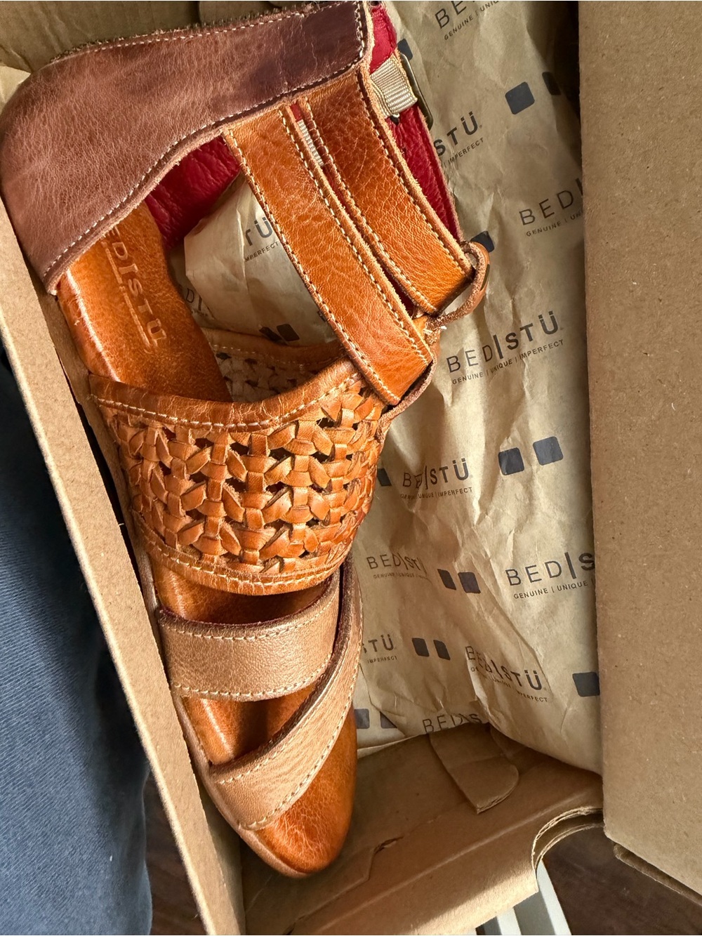 BED|STU Woven Leather Slingback Sandals in Tan and Brown